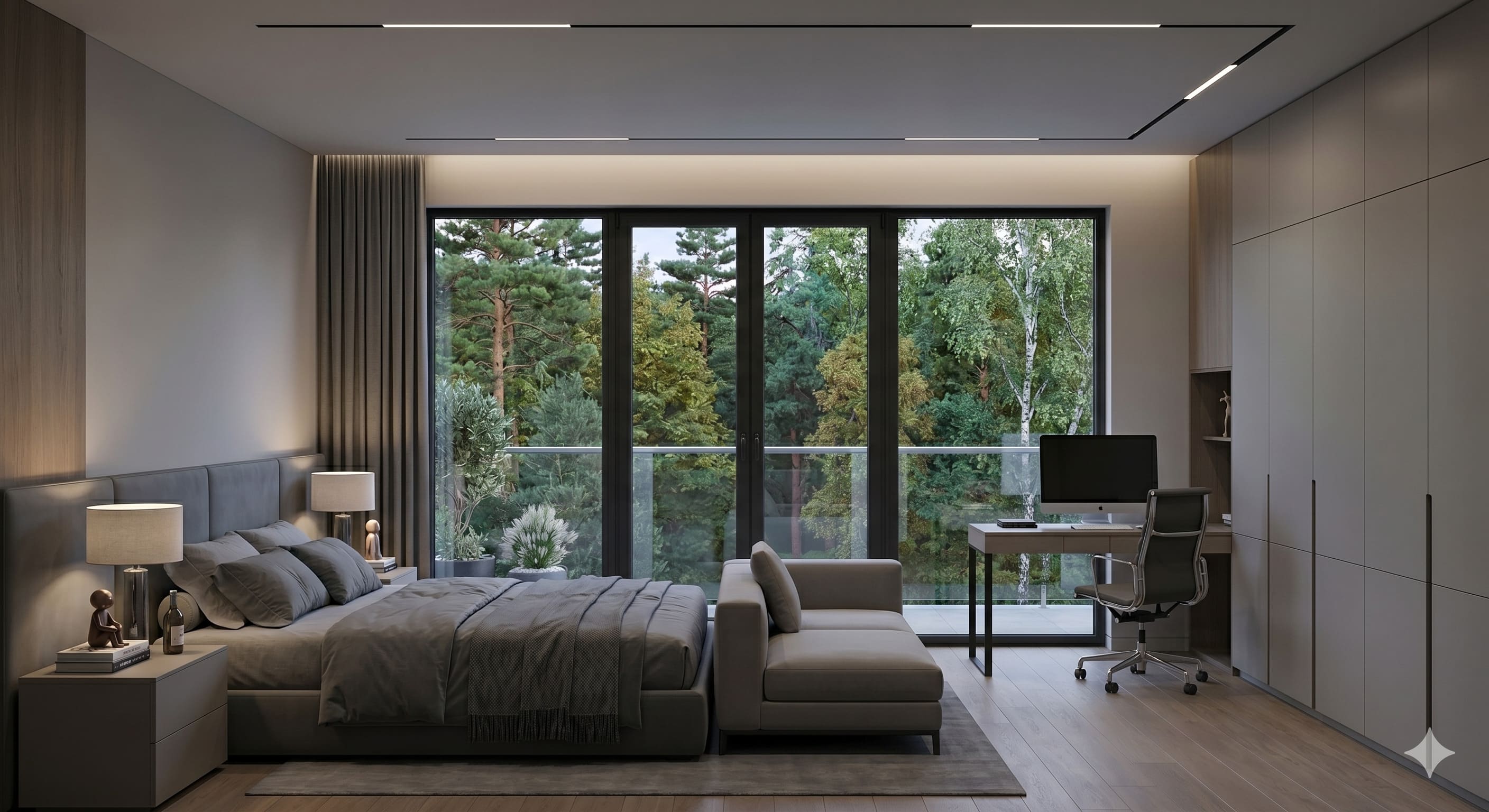 Lisnyky House — спальня з видом на ліс